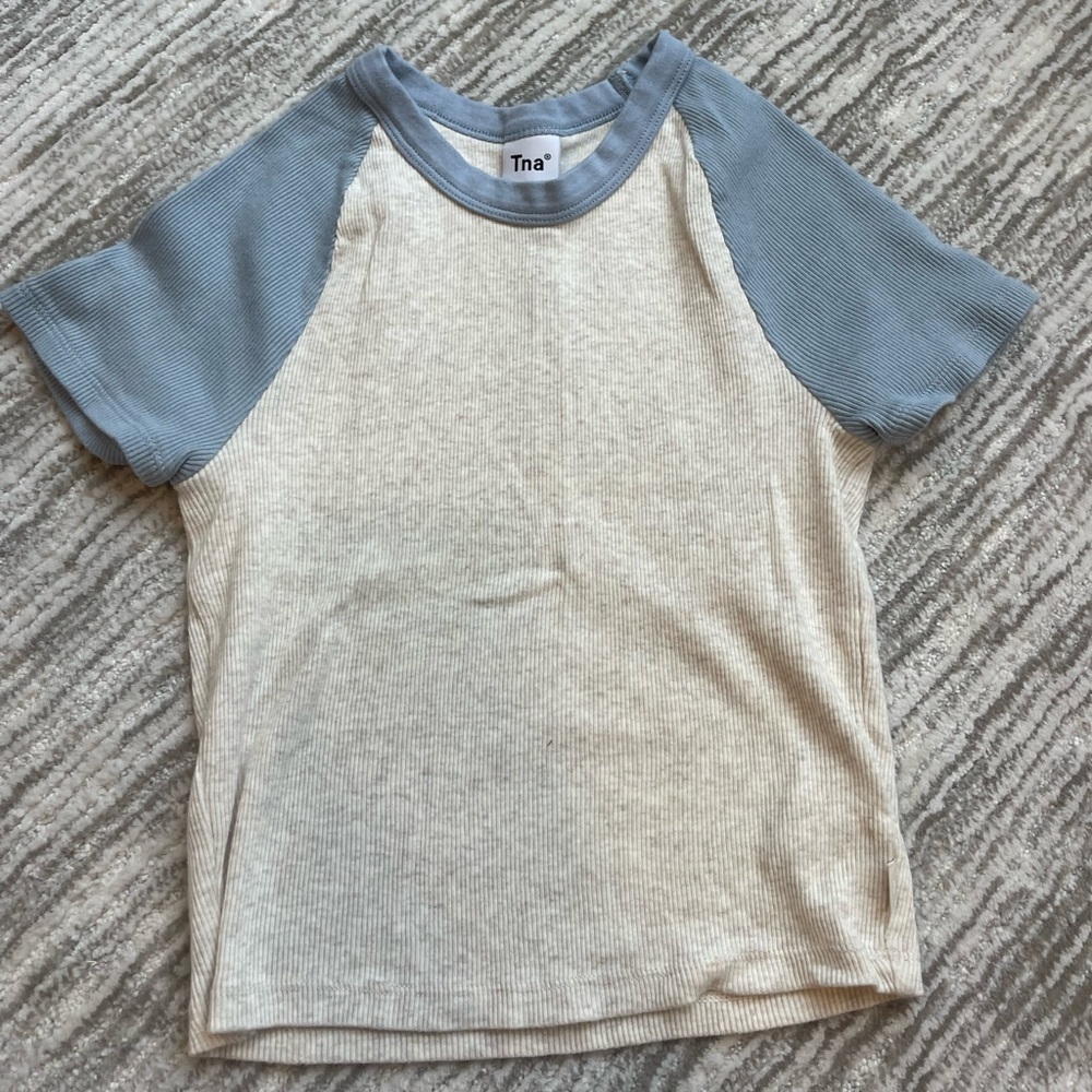 TNA Two-Toned Cream and Blue Cropped T-Shirt